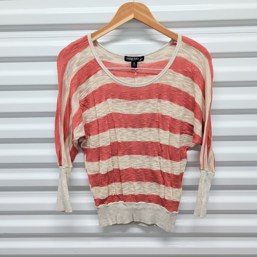 Living Doll Size M Women Coral Pink Cream Striped Dolman Sleeve Knit Sweater Top
